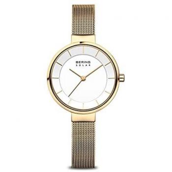 Reloj Solar Bering para Mujer Acero Dorado 31mm con Malla Milanesa y Zafiro Sumergible