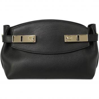 Ferragamo Women's Hug Clutch in Black - Black Leather Shoulder Bag Gancini, Size: ONE SIZE