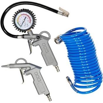 Sada de Herramientas Neumáticas 3 Piezas con Manguera Espiral de 5 m, Pistola de Aire y Inflador de Neumáticos
