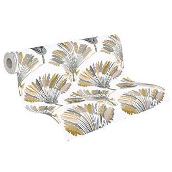 Papel Pintado Vlies Jungle Chic, Floral-Botánico-Tropical, Diseño de Palmas y Plumas, 0.53 x 10.0 m, Ideal para Salón y Dormitorio