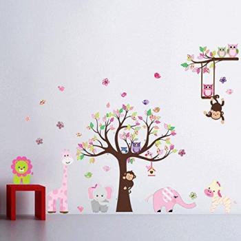 Bosque de monos de animal de la selva, la ardilla y el juego de columpio búho en hojas de colores Tree Vinilos decorativos etiqueta de la pared