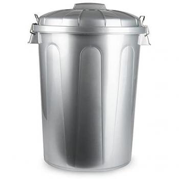 Cubo de basura Acan Tradineur de 70 litros con tapa, color plata, dimensiones 48 x 66,5 x 53 cm, fabricado en plástico resistente, incluye asas metálicas y es ideal para contenedores de