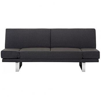 Sofá cama tapizado en tela gris azulado mecanismo click clack 4 plazas reposabrazos ajustables