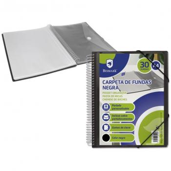 Bismark Carpeta Espiral con Fundas Negro - 30 Fundas Transparentes - Formato A4 - Sobre Portadocumentos Incluido - Cierre de Gomas