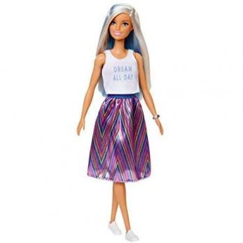 Barbie - Fashionista Muñeca con Mechas Azules y Falda Estampada
