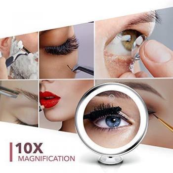 Fancii Espejo Maquillaje de Aumento 10x con Luz LED Natural, USB y Pilas - Espejo Iluminado de Baño para Cosmético, Poderoso Ventosa, 20 cm de Ancho - Luna