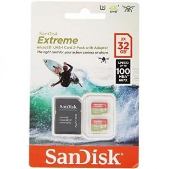 SanDisk Tarjeta de Memoria Extreme 32 GB microSDHC para cámaras de Deportes de acción + Adaptador SD, Velocidad de Lectura hasta 100 MB/s, Clase 10, U3, V30 y A1 - Pack 2 Unidades