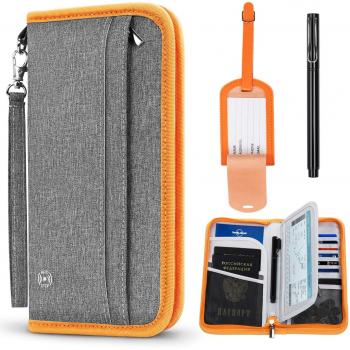 YOOLY Cartera de Viaje para Documentos, Cartera de Viaje, Organizador de Documentos de Viaje con Bloqueo RFID, Cartera para Pasaportes, Tarjetas de Identificación, Boleto del Avion, Gris-Naranja