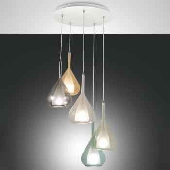 Lámpara colgante Fabas Luce LED Lila, 5 luces, gris ahumado/ámbar/claro/verde/azul, metal y vidrio borosilicato
