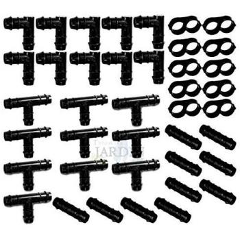 Pack Riego por Goteo 16mm Suinga - 40 Piezas: 10 Tes, 10 Codos, 10 Enlaces, 10 Estranguladores. Color Negro