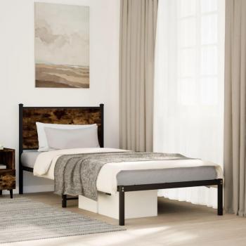 Estructura de cama con cabecero metal roble ahumado 90x200 cm Vidaxl Marrón, cama individual, armazón de cama sin colchón, diseño moderno, color marrón roble ahumado