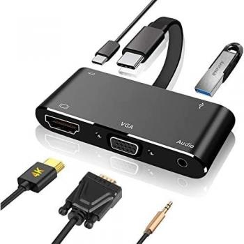 Adaptador USB Tipo C a HDMI VGA, iBosi Cheng 5 en 1 USB tipo C a 4K HDMI VGA con puerto USB 3.0/Audio/USB-C PD para ChromeBook , y S9/10 Note 9/10 Mate10 P20 tipo C Smartphones