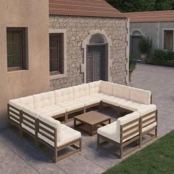 Set de muebles de jardín 10 piezas con cojines en color marrón miel, fabricado en madera de pino