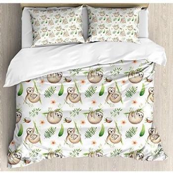 Set de ropa de cama de 3 piezas Sloth Juego de funda nórdica, perezoso para bebés y flores de color suave Hojas de cocotero Happy Family, juego de fundas de edredón / edredón de 3 piezas con 2 fundas