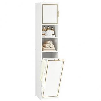 Armario Alto de Baño SoBuy BZR87-W Mueble Auxiliar Columna con 1 Puerta, 2 Estantes y 1 Cesto, Dimensiones: 33 x 32 x 171 cm, Color Blanco