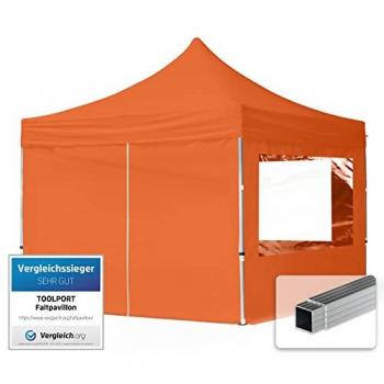 Carpa Plegable Toolport 3x3m - Estructura de Aluminio, Techo Repelente al Agua, Laterales con Ventanas Panorámicas, Color Naranja