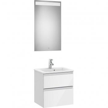 Conjunto de baño compacto Roca The Gap con mueble de 2 cajones, lavabo y espejo con luz LED, color blanco brillo
