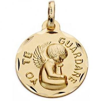 Medalla oro 18k YO TE GUARDARÉ 16mm. angelito borde tallado - Personalizable - GRABACIÓN INCLUIDA EN