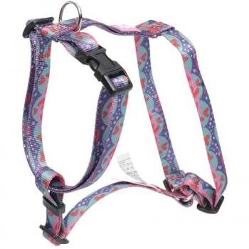 Arnés de caminata Figgo - Mega S, Talla S, Diseño Tipo H, Ajustable, Reduce Presión en Tráquea, Cómodo y Fácil de Colocar, Ligero, Estampado Mega Corazones Mult