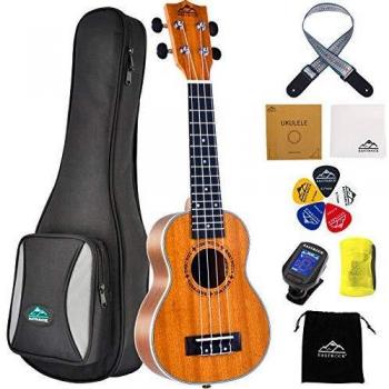EASTROCK Ukelele soprano para principiantes Kit de ukelele de madera de sapeli de 21 pulgadas con bolsa Thicknen, afinador, correa, hilo de carbono, juego de paño de limpieza