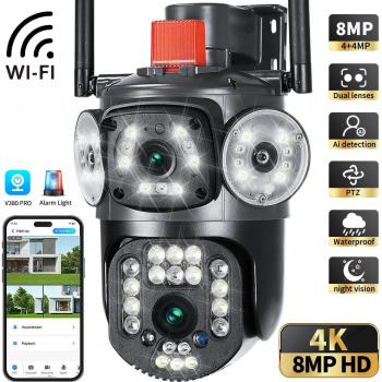 Cámara IP PTZ Exterior Wifi Dual Lente 4K 8MP HD con Seguimiento Automático y Protección de Seguridad CCTV V380 PRO 4MP con Tarjeta de 32G