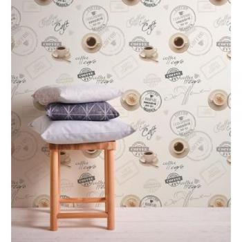 Papel Pintado Vinílico Lavable con Tazas y Platos de Café en Relieve Fondo Blanco - Rollo 10 m x 0,53 m