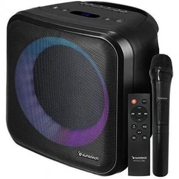 SUNSTECH Muscle Cube. Altavoz 20 W, iluminación LED, Bluetooth 5.0, Radio FM, USB, Micro SD, aux-in, aux-out. Conexiones Guitarra y micrófono. Mando a Distancia y micrófono incluidos. Color Negro
