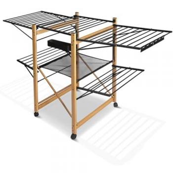 Tendedero Plegable y Extensible Deluxe con Ruedas, Estilo Madera, 30m de Superficie de Secado, Negro