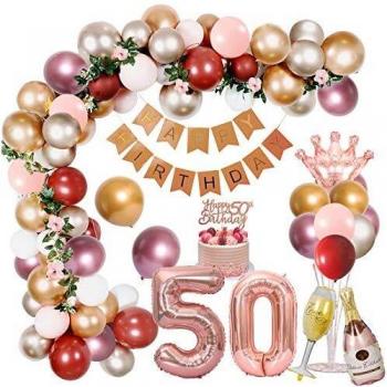 50 Decoraciones Cumpleaños para Mujeres, Globos Metálicos de Rosa Dorado Plateado Happy Birthday Pancarta Foil Globos Número 50 Cake Topper 2 m vid de flores para Decoración Fiesta Cumpleaños
