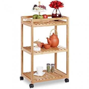 Carrito de Cocina Relaxdays de Bambú, 3 Niveles, con Ruedas Plásticas y Frenos, Dimensiones: 77 x 47 x 32.5 cm