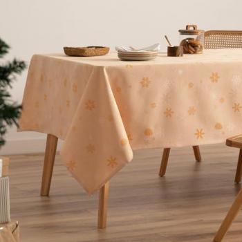 Mantel Rectangular Jacquard de Algodón para Navidad con Copos de Nieve en Color Naranja y Oro 140x300 cm