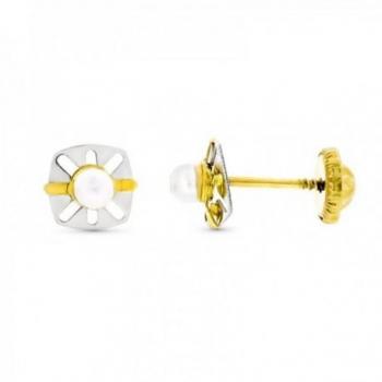Pendientes Oro Bicolor 9k Niña 6 Mm Calados Perla Centro Tornillo