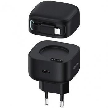 Cargador de Pared Usams 35W USB-C con Cable Retráctil Lightning PD+QC Gan Carga Rápida Negro