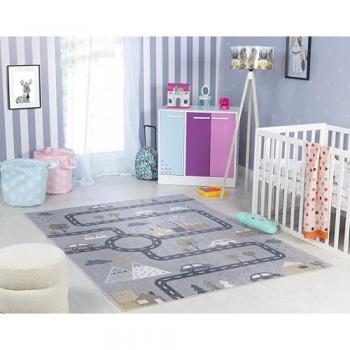 Alfombra Lavable para Niños VROOMVILLE, Diseño de Automóviles, Azul y Gris, 160x213 cm, 6 mm de Altura