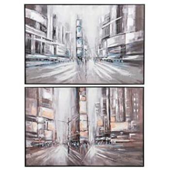 Set de 2 Cuadros Ciudad Alta Calidad con Marco Pintado a Mano 122x4,5x82 Cm Beige