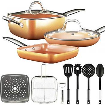 Set de Sartenes y Utensilios de Cocina 12 Piezas Inducción Aluminio Cobre Vidrio Templado Gridinlux