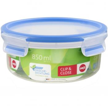 Emsa Clip & Close Conservador Hermético de Plástico Circular, higiénico, no retiene olores ni sabores 100% Libre de BPA, Transparente y Azul, 0.85 L