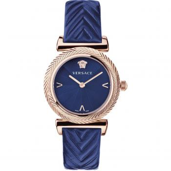 Versace V-Motif Ladies Watch Rosegold Blue Leather Pink Female Size: ONE SIZE