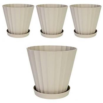 Set de 4 Macetas Redondas Ecru con Platos Incluidos - 22 cm, 5L, para Interior y Exterior