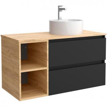 Mueble de baño Salgar Bequia 100 cm con 2 cajones coqueta derecha, 2 huecos y lavabo sobre encimera en color negro y roble