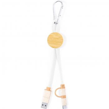 Cable Cargador Triple Nature Bambú: Micro USB, Tipo C y Lightning 5V DC 2.4A, Beige, Dimensiones 3.3x22x1 cm