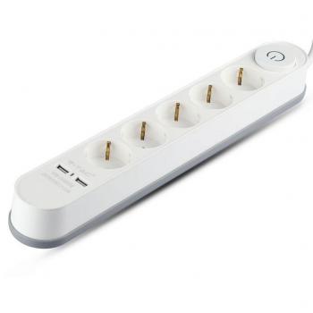 Multipresa 5 Tomas con Interruptor Luminoso y 2 Puertos USB, Cable de 3m, Color Blanco