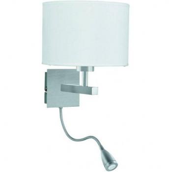 Aplique de pared con luz de lectura, plata satinada, pantalla blanca, doble brazo flexible, 1 luz E27