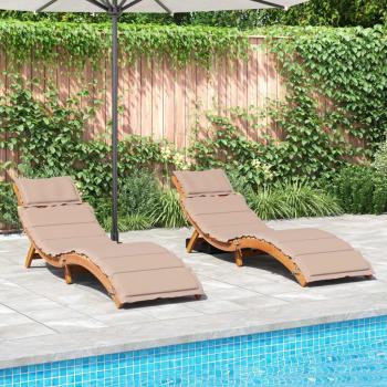 Acacia Wood Sun Loungers with Cushions - 2 Piece Set in Taupe