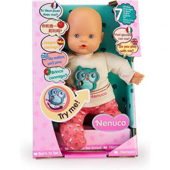 Nenuco 7 Idiomas - Muñeco interactivo de 30 cm con cuerpo suave que habla en inglés, español y francés.