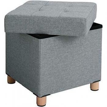 Taburete reposapiés cuadrado con almacenamiento y tapizado capitoné, patas de madera maciza, asiento acolchado de espuma, disponible en gris oscuro, gris claro y azul marino