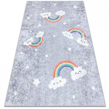 Alfombra Lavable Junior Antideslizante Arcoiris y Nubes Gris 200x290 cm