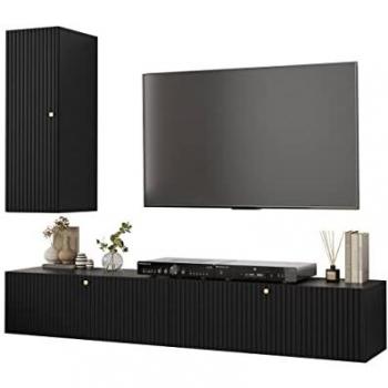 Conjunto de salón Hartford H107, mueble modular negro con mesa de TV y almacenamiento adicional, aglomerado laminado y MDF, dimensiones 200 x 40 cm