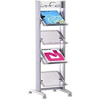 Soporte Móvil de Literatura en Aluminio con 4 Estantes de Plexiglás para Documentos A4