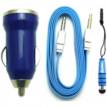 Emartbuy® Trio Paquete para Samsung Galaxy Young 2- Azul Conector para cargador de coche USB 1 Amp + Azul Lápiz Óptico Metálico + Azul Cable Plano Antienredos para Transferencia de Datos y Cargador Micro USB Sync